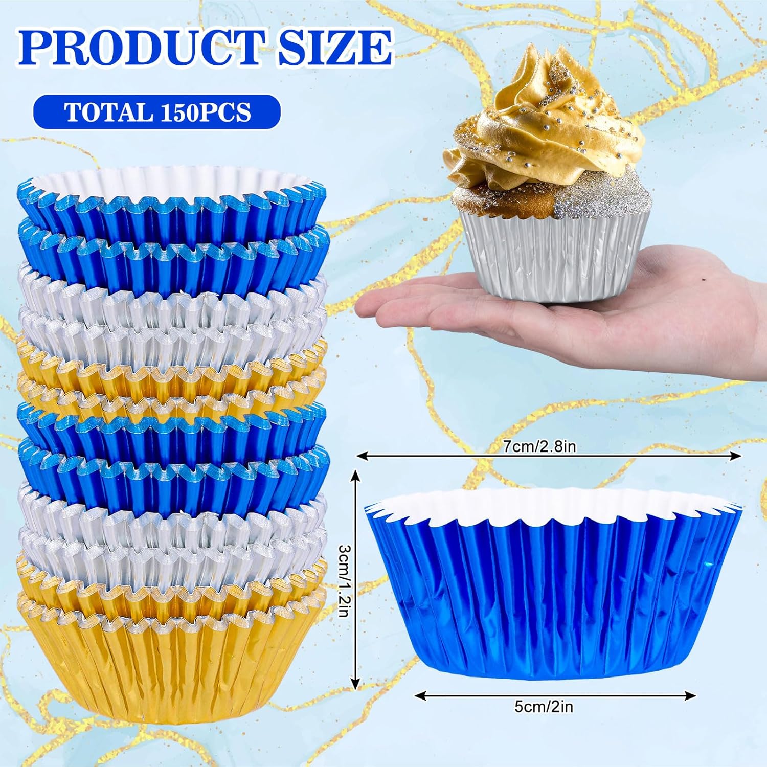 Whaline Graduation Cupcake Liners - 150Pcs Blue, Silver & Gold Foil Baking Cups for Party Celebrations