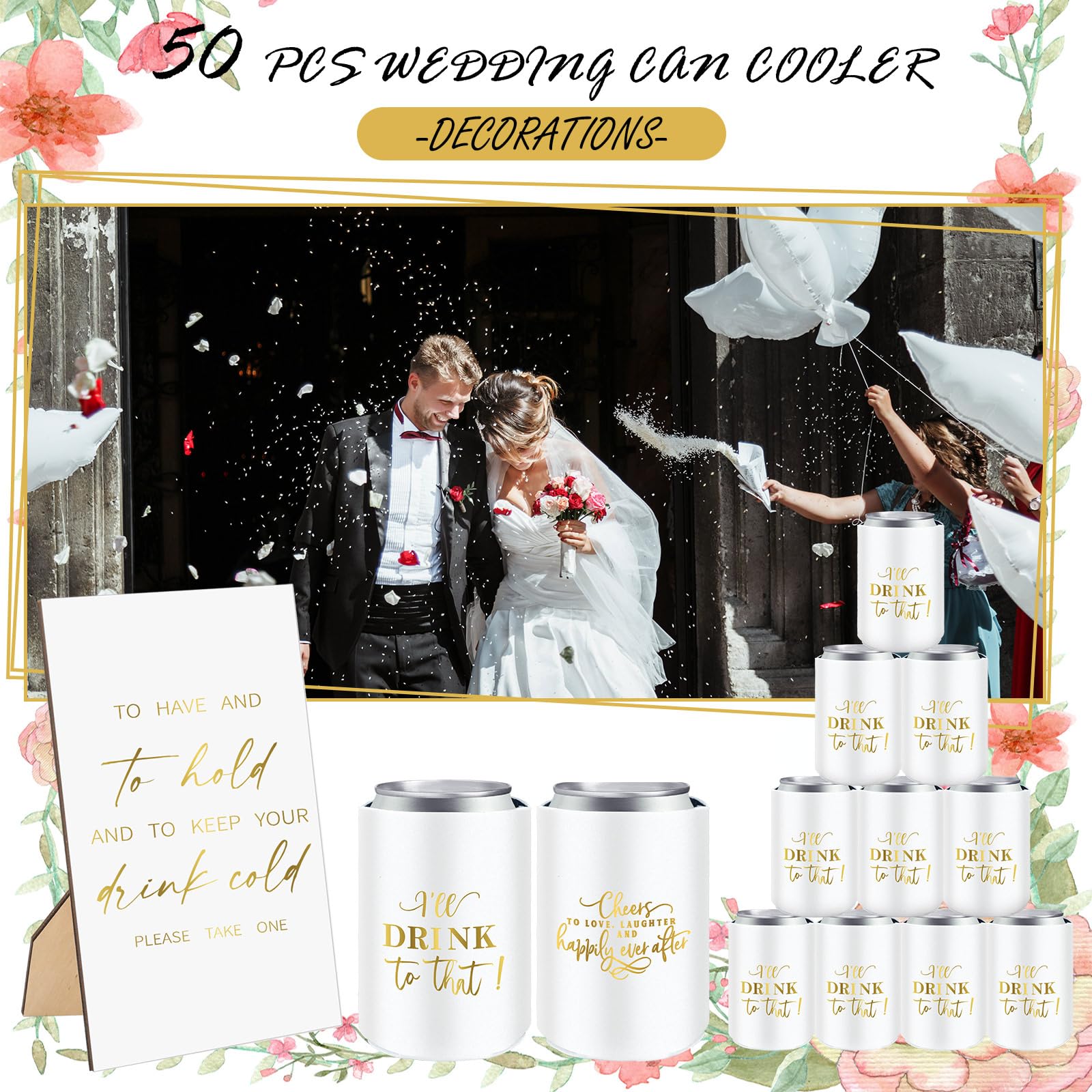 SiliFine 101 Pcs Wedding Can Cooler Bulk Engagement Party Favors for 100 Guests Cheers to Love Laughter, and I'll Drink Can Cooler with 1 Pcs Wooden Wedding Table Sign Bridal Shower Favor(White)