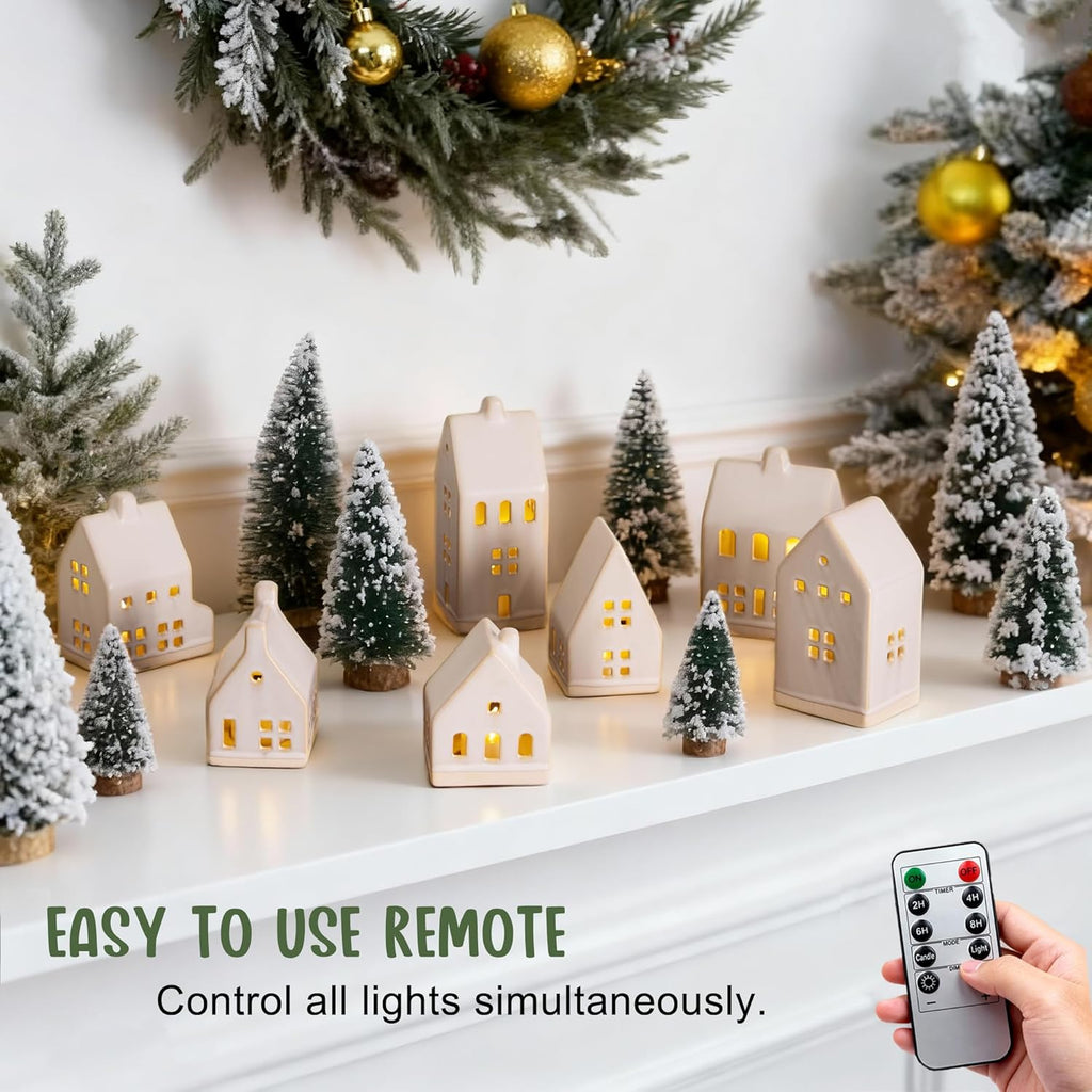 Skiennix 23 Pcs Christmas Village Set - 7 White Ceramic Houses with LED Tea Lights & Snow Trees | Festive Indoor Decor for Tabletop & Mantel
