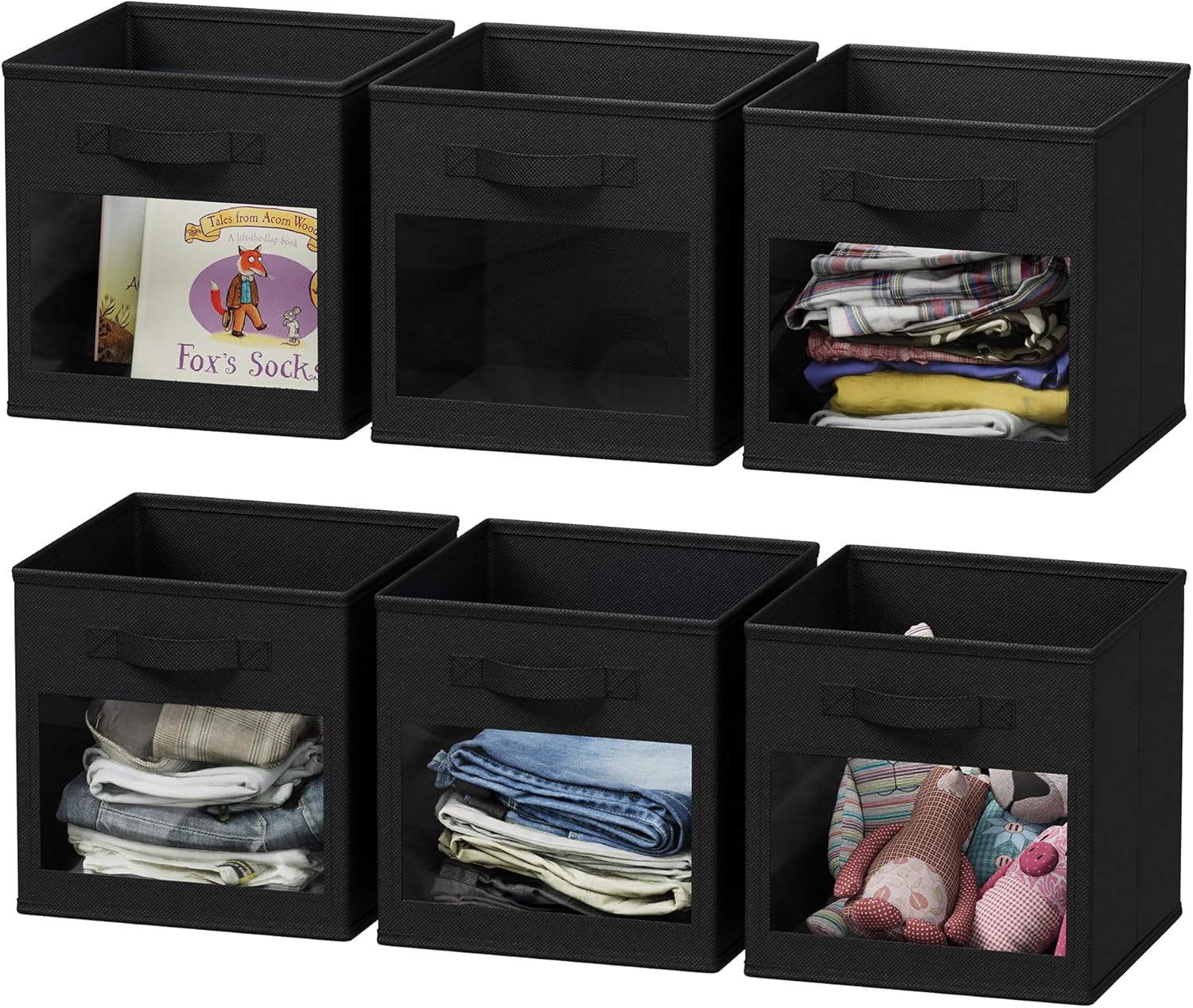 SpaceAid Storage Cubes - Set of 6 Foldable Fabric Bins with Clear Windows | 11 Inch Black Storage Boxes