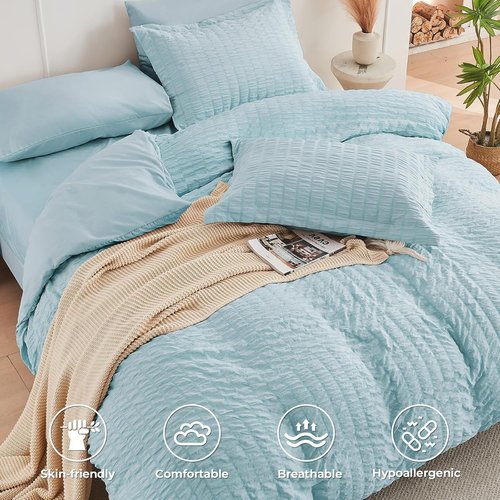 HYMOKEGE Twin XL Comforter Set - Luxury 5-Piece Seersucker Bedding in Lake Blue | All-Season Comfort