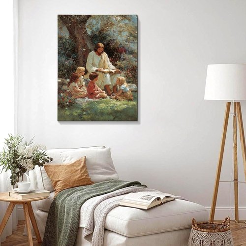 Christian Gifts for Women-Men,Religious Canvas Home Decor for Prayer Room Home Decorations Jesus with the Children Picture Jesus and Children Poster Wall Decor for Living Room Ready To Hang 16x24