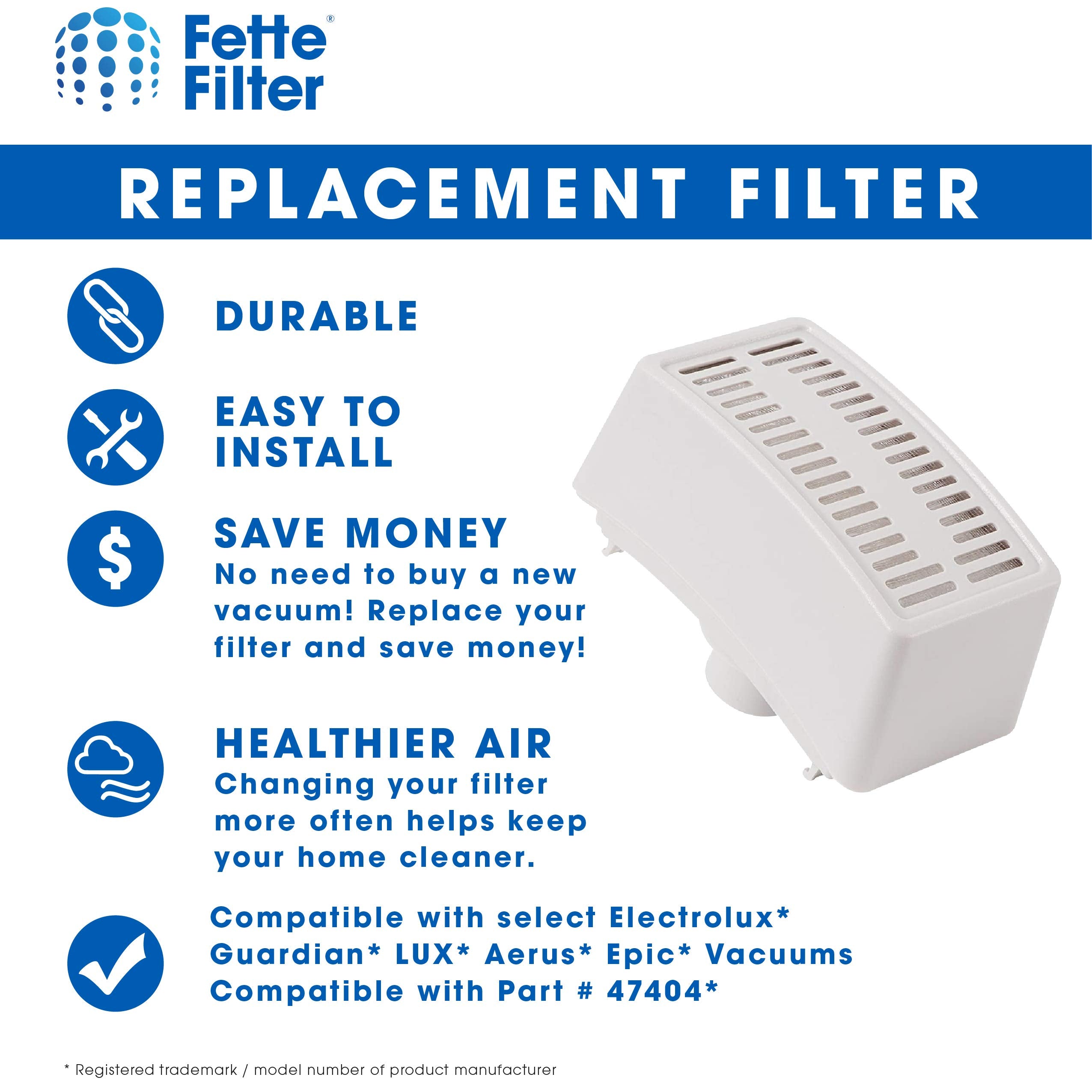 Fette Filter - HEPA Vacuum Air Filter Compatible with Electrolux Guardian LUX Aerus Epic 8000 9000 C134A C134B C134C C134D C134E C134F C154A C154B C154C C154D. Compare to Part # 47404 - Pack of 2
