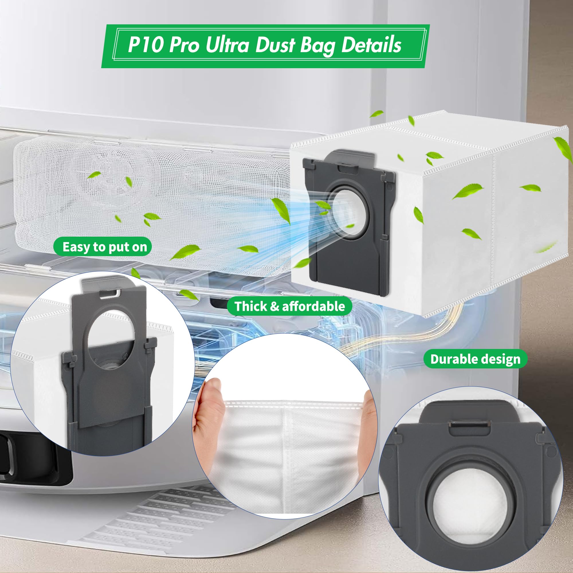 10 Pack Dust Bags for MOVA P10 Pro Ultra P50 Pro Ultra V50 Ultra Complete S20 Ultra P10 Ultra, 3.2L Large Capacity Bags for Mova P10 Pro Ultra Replacement Parts Self-Empty Station Robot Vacuum Cleaner