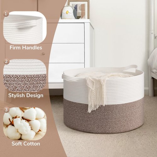 Goodpick Blanket Basket Living Room, 19.7"x19.7"x12.6" Cotton Rope Toy Basket for Blankets, Woven Baskets for Storage, Toy Storage