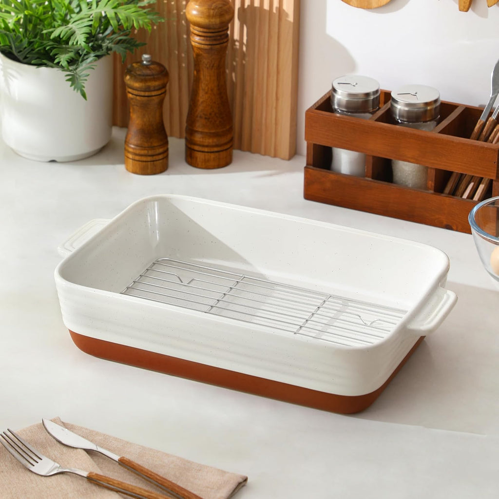 MALACASA 4.8 Qt Ceramic Baking Dish - Deep Roasting Pan with Stainless Steel Rack & Handles | 9x13 Inch, Khaki & White