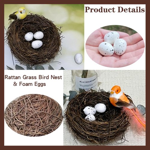 LWINGFLYER Artificial Birds Nest with Eggs 2 Sets Large Decorative Rattan Birds Nest 4.7Inch for Spring Christmas Tree Ornaments Easter Decor Crafts Patio Garden Home Decor