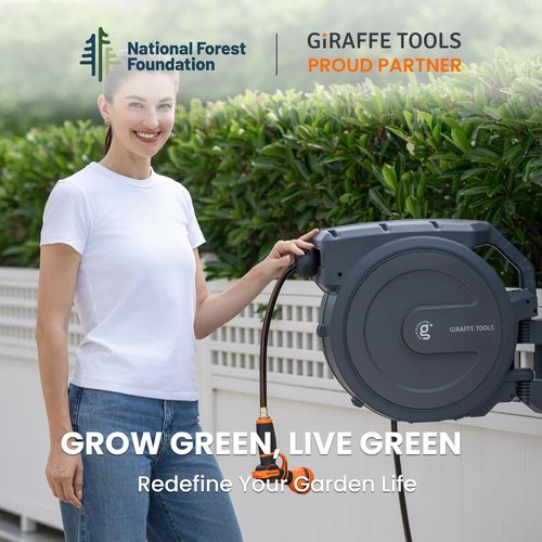 Giraffe Tools Retractable Garden Hose Reel - 90 Ft Wall-Mounted with 180° Swivel Bracket & 9 Pattern Nozzle
