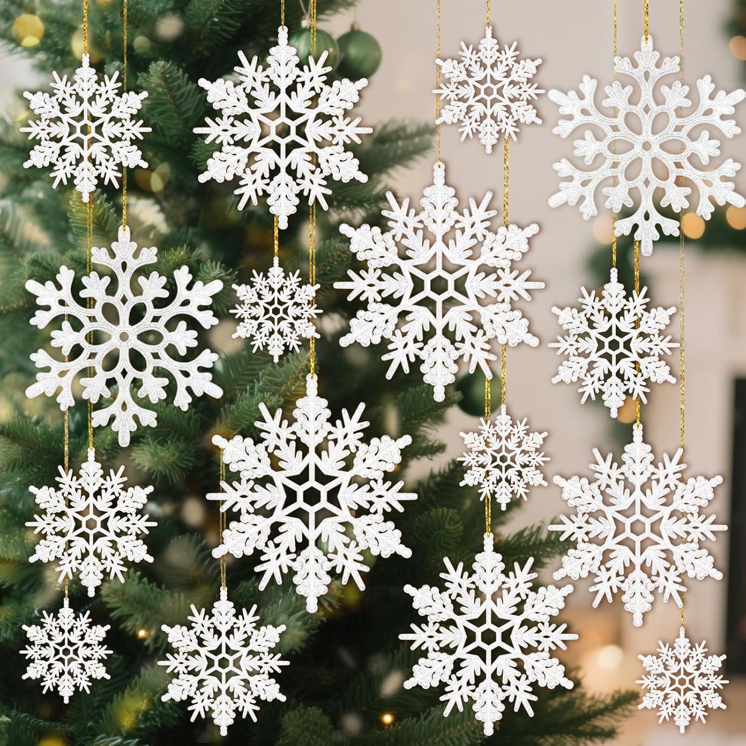 Miucat 42pcs White Snowflake Ornaments - Glittering Christmas Tree Decorations | Winter Party Decor