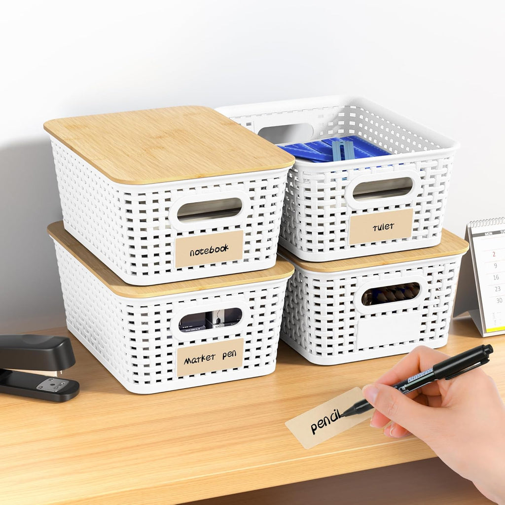 Skiennix Plastic Storage Baskets - Stackable Containers with Bamboo Lids & Labels | 6-Pack White