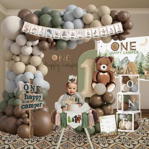 One Happy Camper Birthday Decorations, Camping 1st Birthday Party Supplies with Balloon Arch Balloon Box Backdrop High Chair Banner Crown Cake Topper Table Cloth