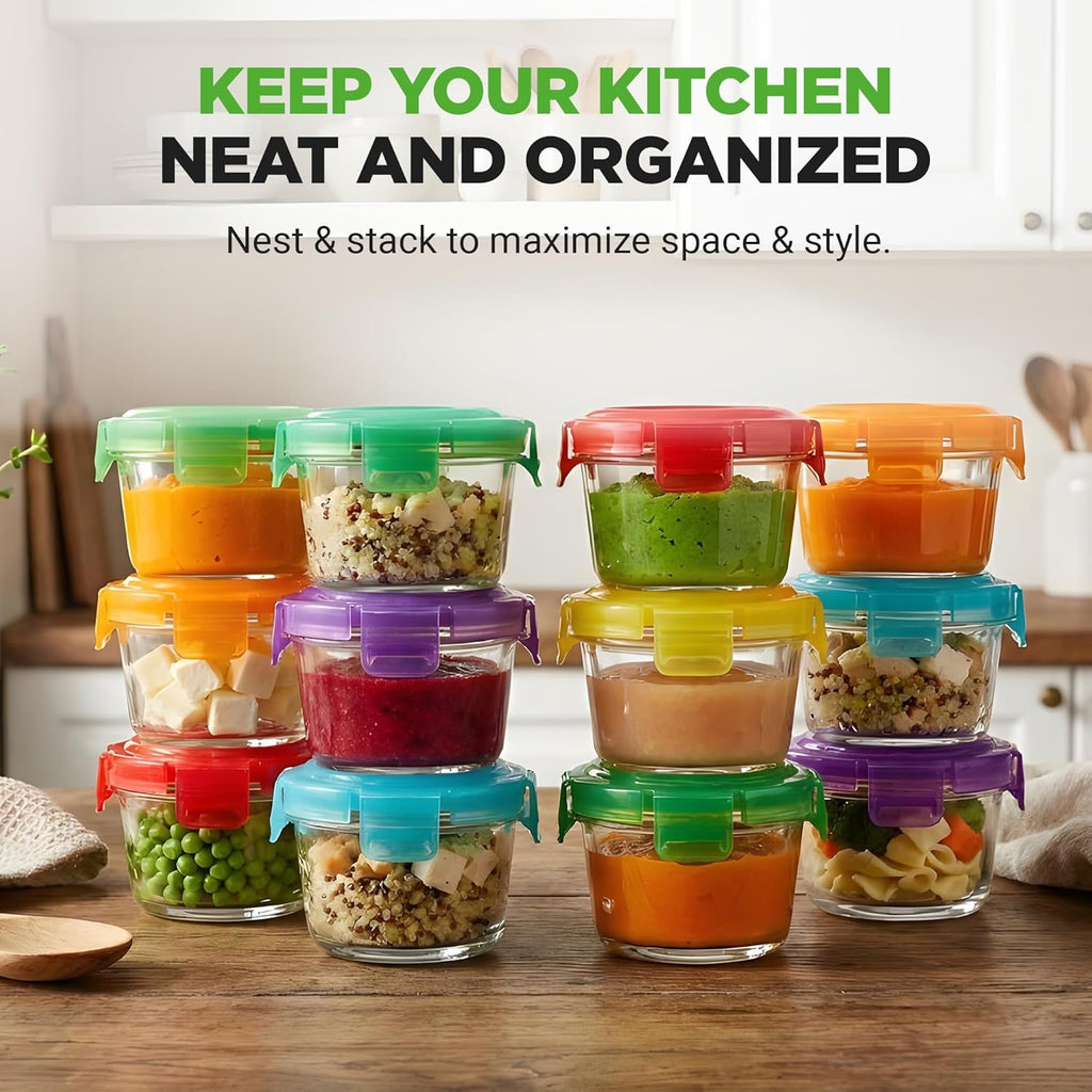 NutriChef 24-Piece Glass Food Storage Containers Set - Stackable, Microwave & Dishwasher Safe, 4.48oz