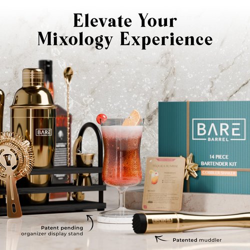 BARE BARREL® Mixology Bartender Kit Bar Set | 14-Piece Cocktail Shaker Set | Martini Barware Mixing Tools for Home Bartending | 35 Recipe Cards | Gift Set (24oz Cobbler Shaker, Gold/Black)