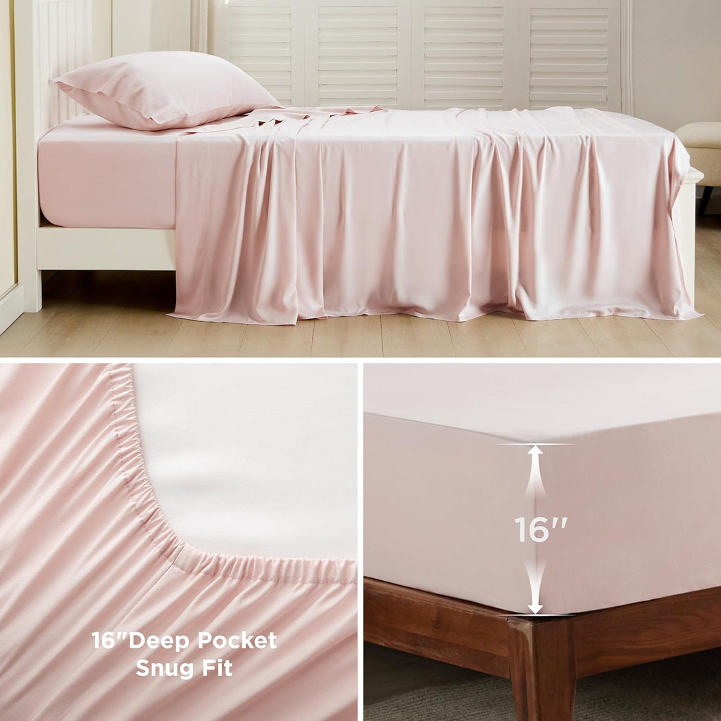 Bedsure Cooling Twin Sheets - Breathable & Soft Rayon from Bamboo | Deep Pocket Up to 16 Inches, Pink