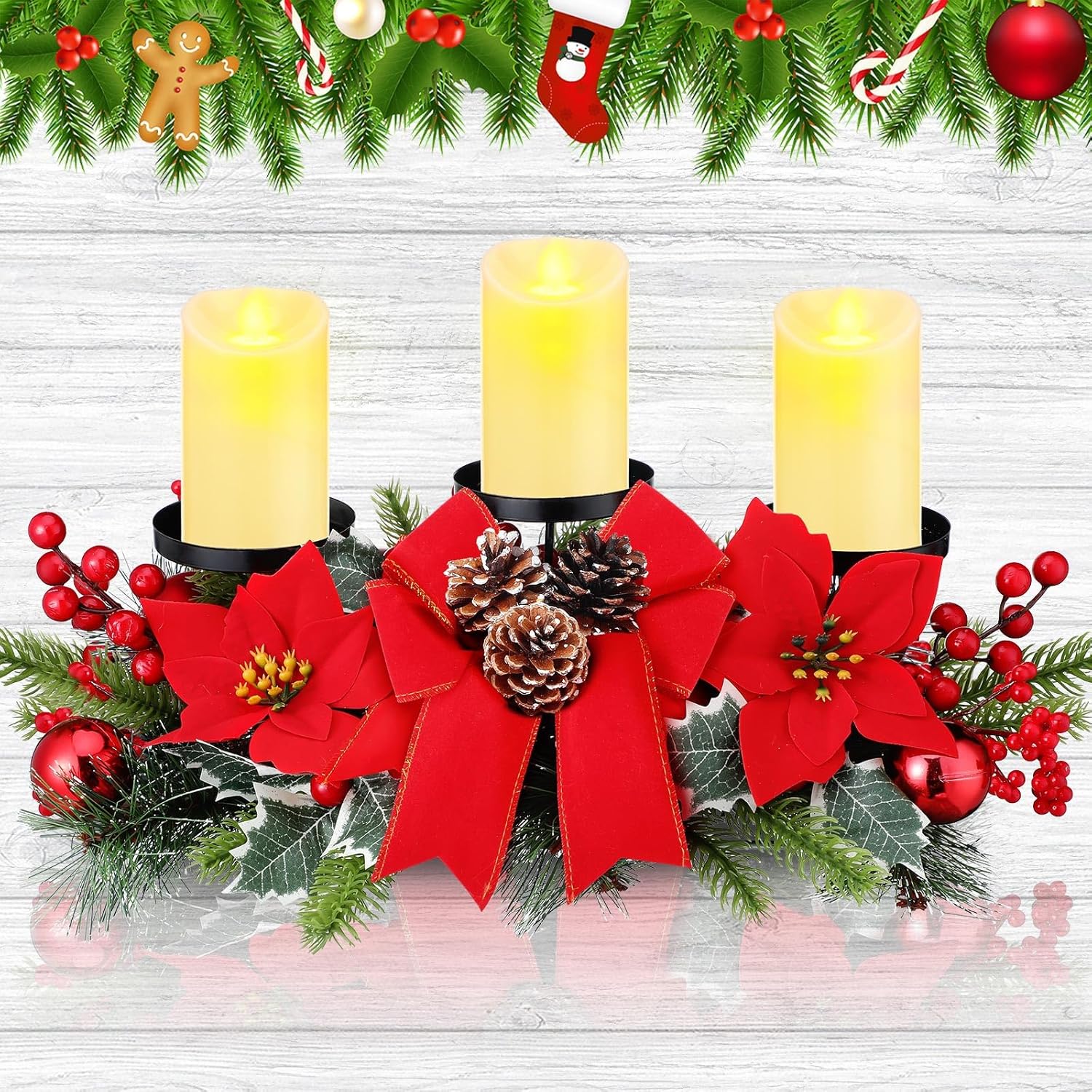 Regine Switzerland Christmas Centerpiece - 3 Candle Holders with LED Candles & String Lights | Poinsettia Red Buffalo Plaid Decor