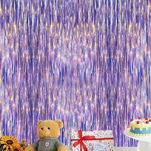 Iridescent Fringe Backdrop by [Brand Name] - 3.28x6.56 Ft Purple Foil Curtain for Mermaid Party Decor | Ocean & Beach Theme