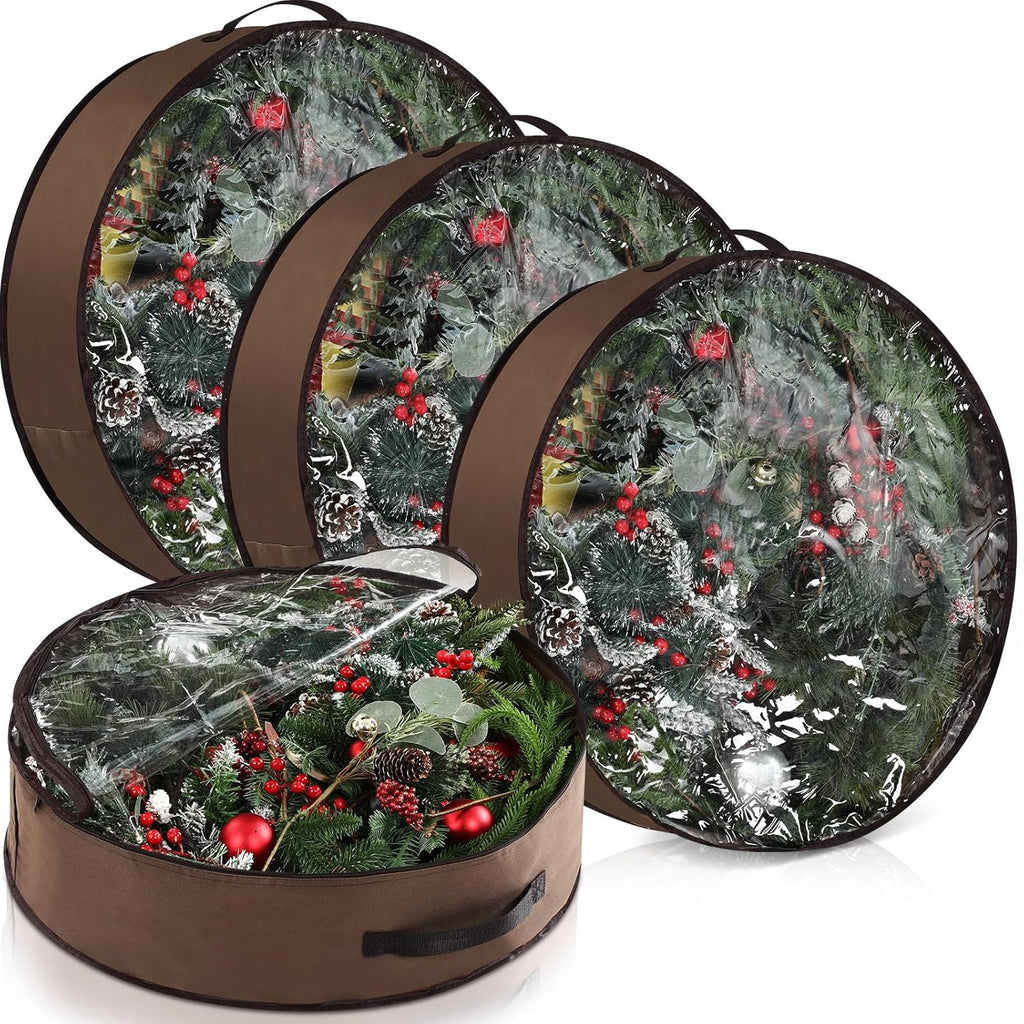 Skiennix Wreath Storage Container - 36 Inch Christmas Wreath Box with Clear Window & Handles, Brown