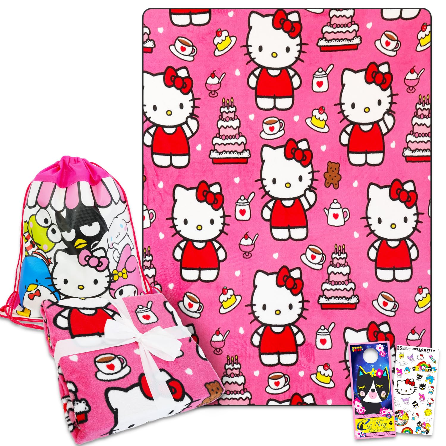 Hello Kitty Fleece Blanket and Cinch Bag Set - Bundle with Soft Blanket Plus Cinch Bag, Stickers, More for Kids, Adults, Children | Cozy Hello Kitty Fleece Blanket 50" x 70”