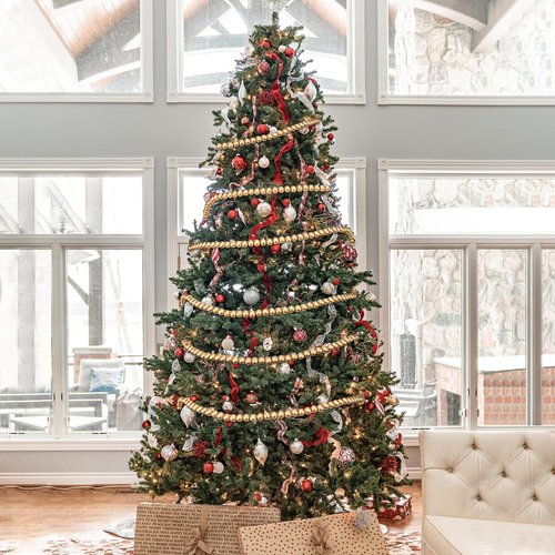 2 Pack Christmas Wood Bead Garland, Gold Round Bead Garland Christmas Tree Decoration Farmhouse Wall Hanging Ornaments, 9 Feet & 12 Feet