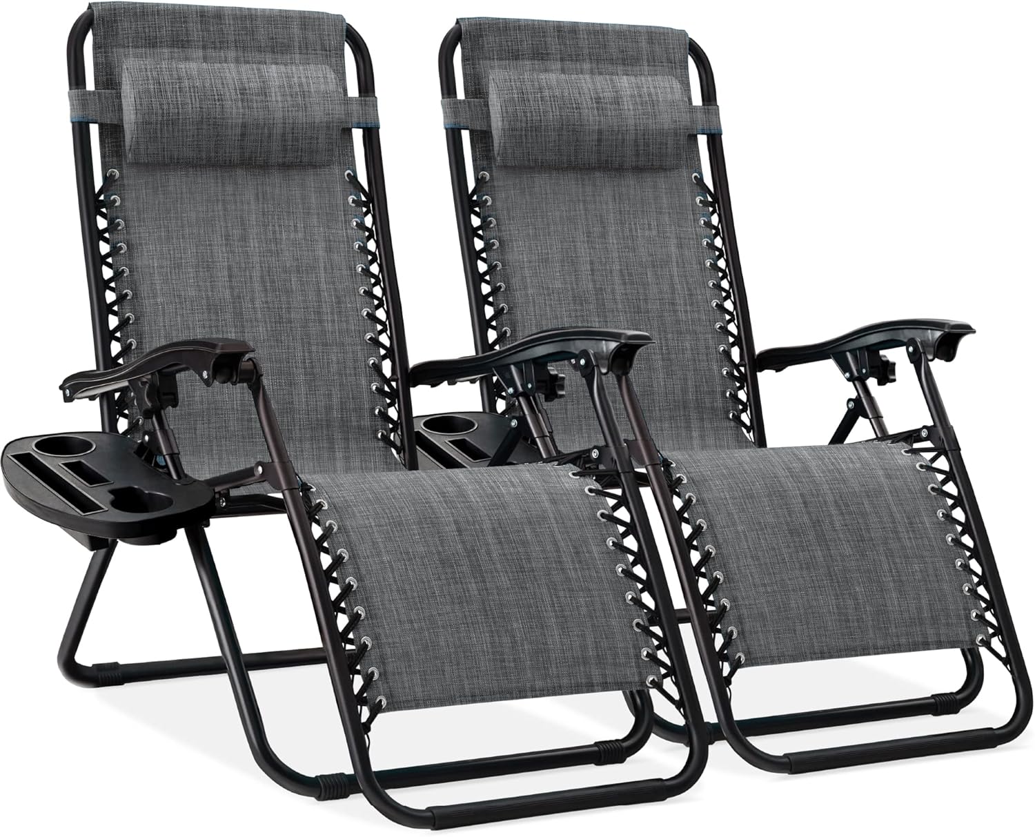 Best Choice Products Adjustable Steel Mesh Zero Gravity Lounge Chairs - Set of 2 with Pillows & Cup Holders - Gray