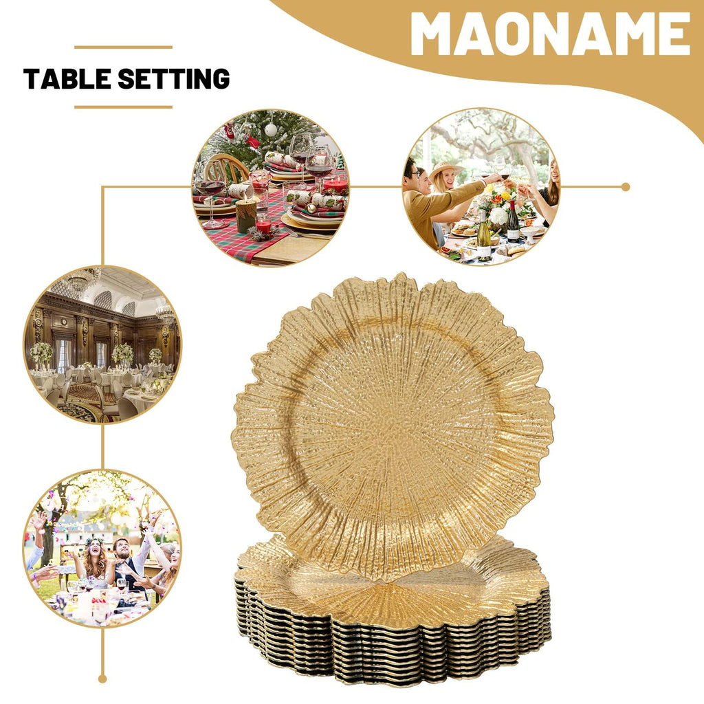 MAONAME Gold Charger Plates Set of 12, Reef Plate Chargers for Dinner Plate, Round Plastic Table Chargers for Thanksgiving, Christmas