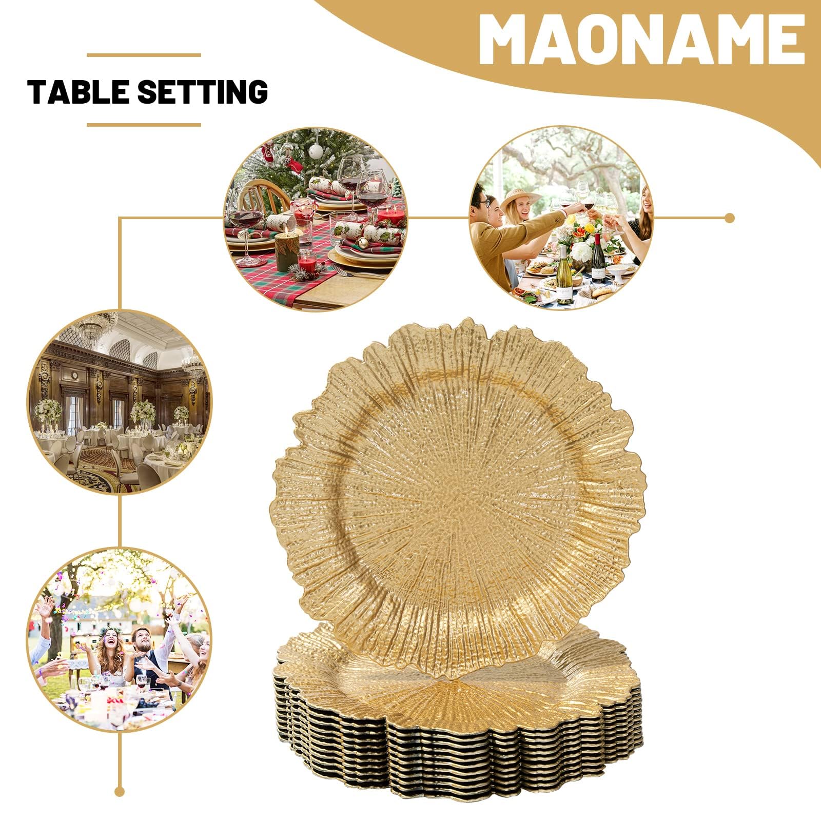 MAONAME Gold Charger Plates Set of 12, Reef Plate Chargers for Dinner Plate, Round Plastic Table Chargers for Thanksgiving, Christmas