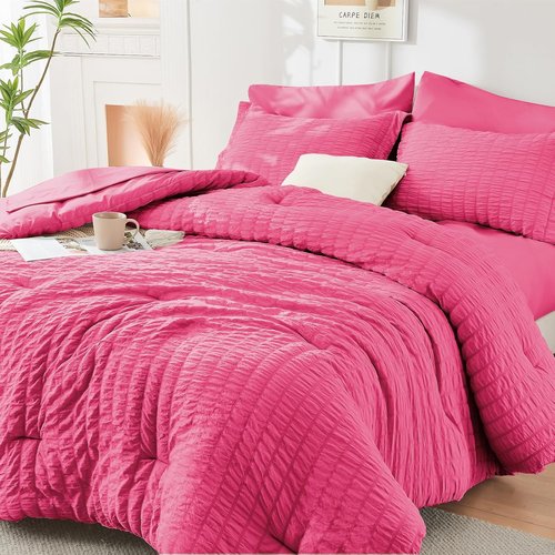 HYMOKEGE Queen Comforter Set - Luxury 7-Piece Hot Pink Seersucker Bedding | All-Season Bed in a Bag
