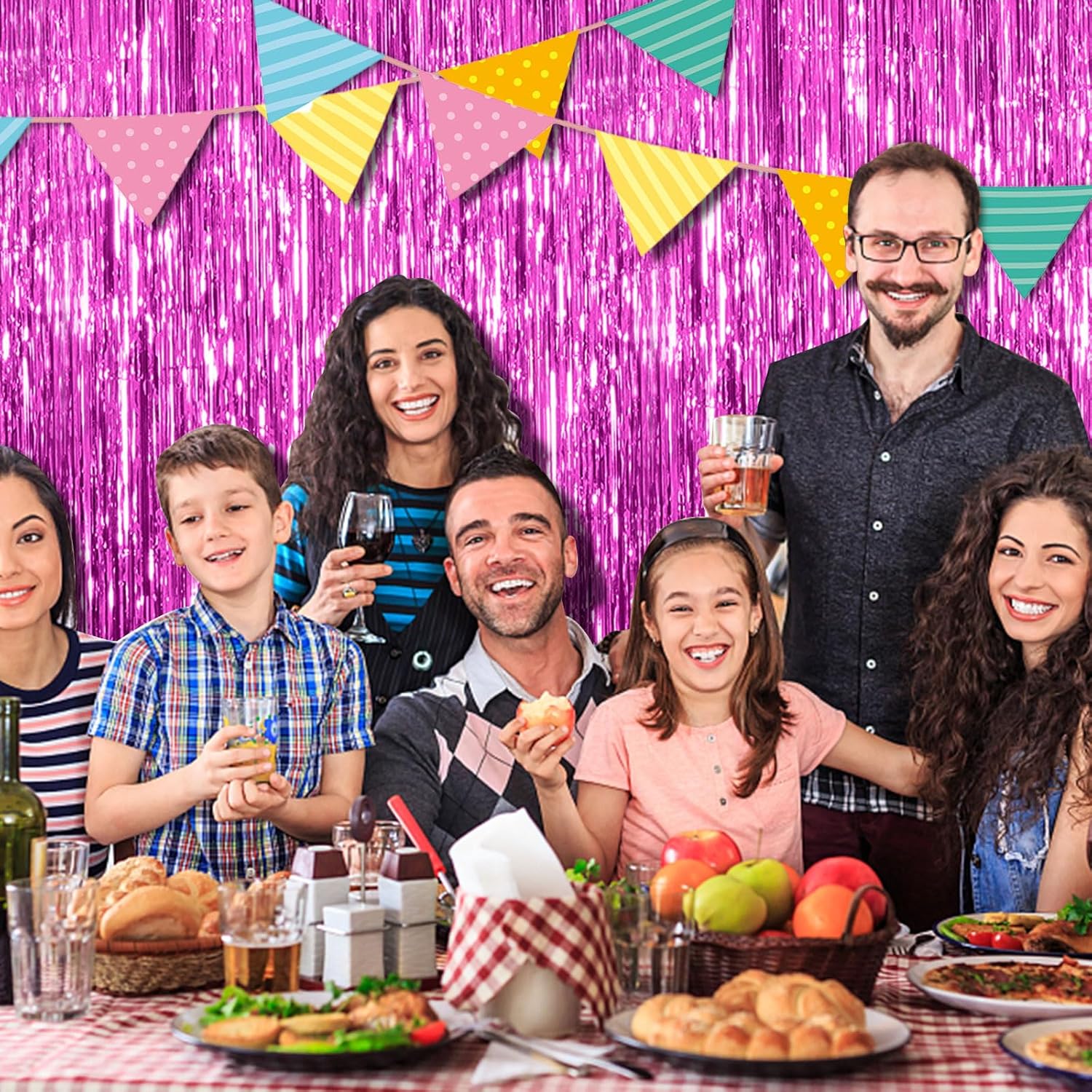 Skiennix Hot Pink Party Backdrop - 2 Pack Tinsel Curtain for Birthdays & Celebrations
