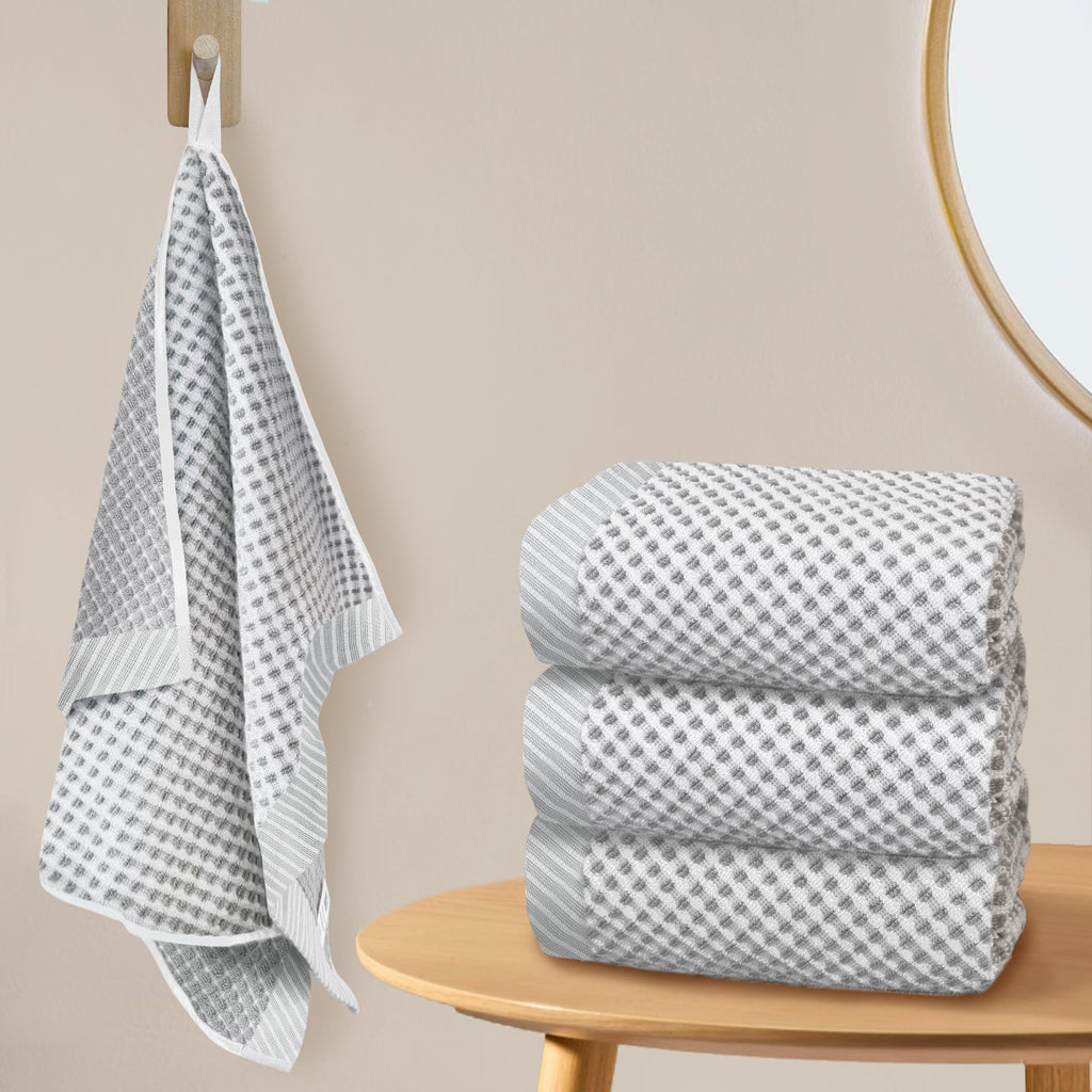 VOOVA & MOVAS 100% Cotton Waffle Large Hand Towels 4PC – Luxury Hand Towels with Hanging Loop 20"x30" | Soft | Absorb | Quick Dry | Lightweight, Durable Bathroom Essentials, White and Gray Waffle