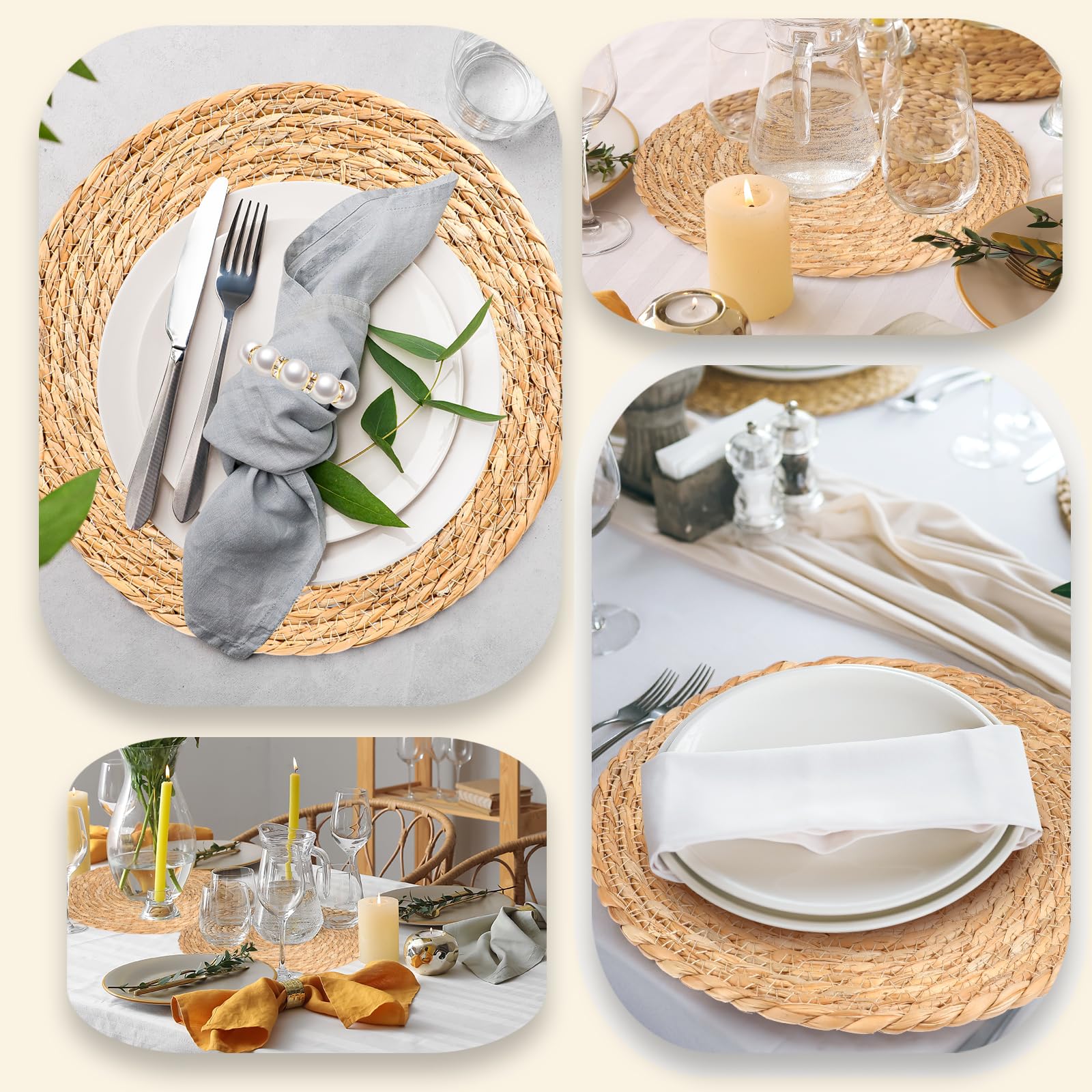 40 Pcs 12 Inch Round Woven Placemats with 20pcs Pearl Napkin Rings，Rattan Placemats Bulk Boho Woven Chargers Natural Water Hyacinth Place Mat for Wedding Party, Dinner Table