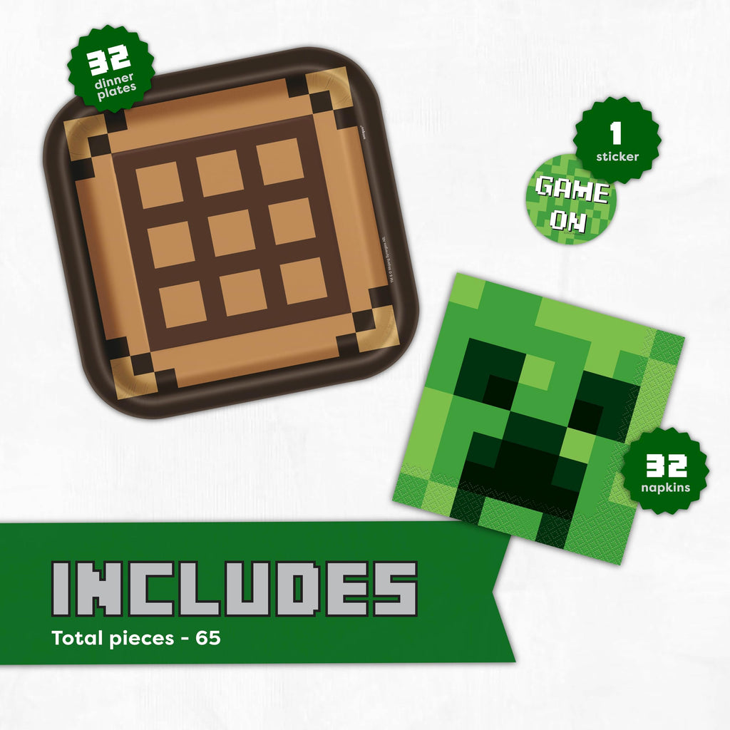 Unique Minecraft Plates and Napkins for 32 Guests | Minecraft Birthday Decorations for Party | Officially Licensed