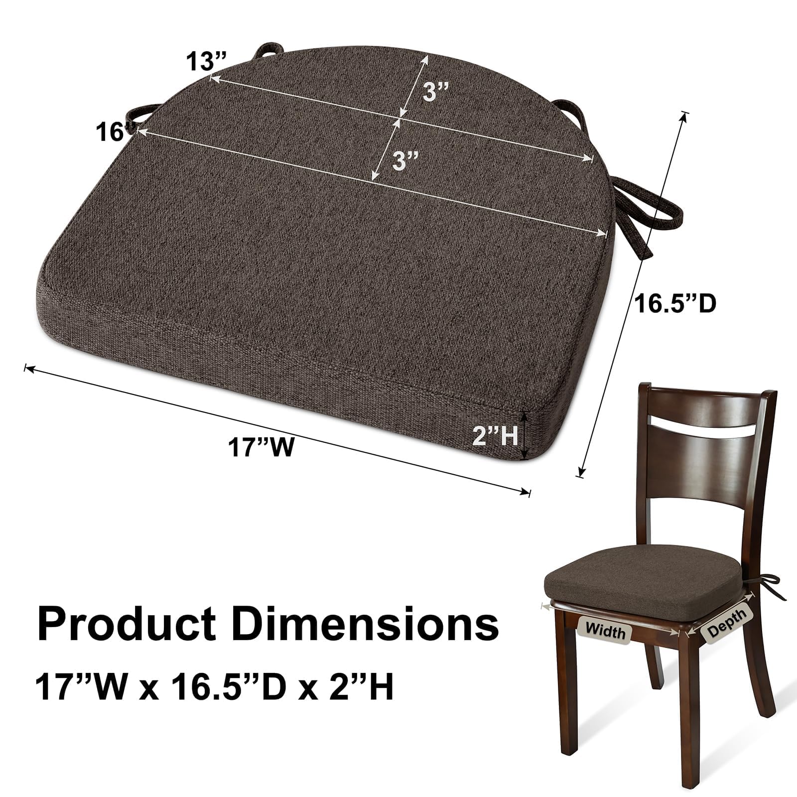 Shinnwa Kitchen Chair Cushions Set of 4, Non-Slip Dining Chair Cushions with Ties and Machine Washable Cover, 4 Pack, 17 x 16.5 x 2in, Dark Brown