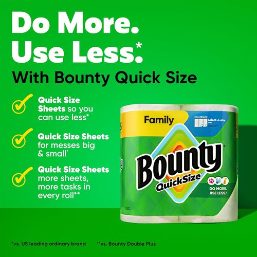 Bounty Quick Size Paper Towels - Ultra Absorbent White Family Rolls | 8 Count