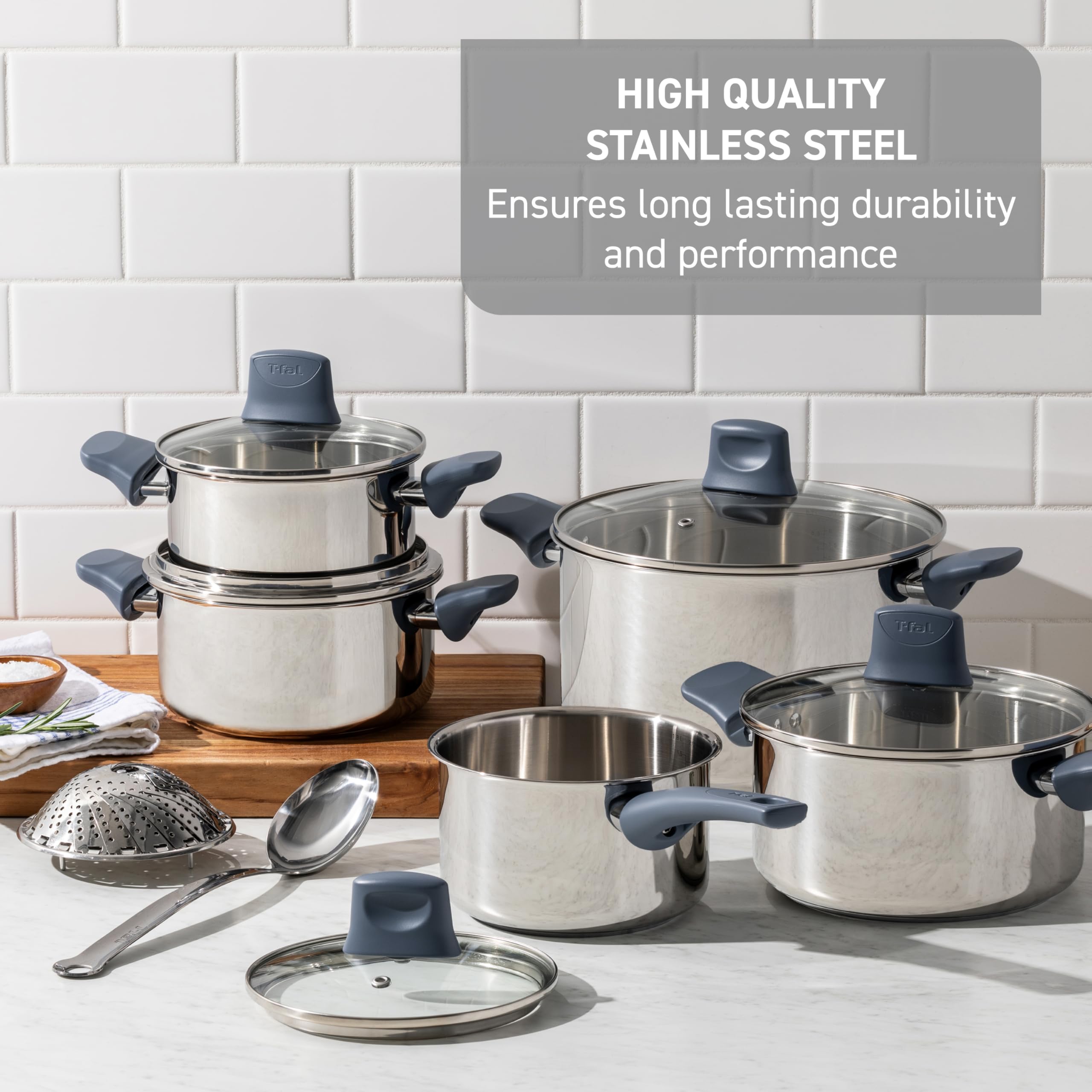 T-fal Essentials Stainless Steel Cookware Set, 2-Piece 8" and 10.5", Induction Compatible, Oven Safe 350F, Pots and Pans Set, Cooking Skillets, Cookware, Kitchen Frying Pans, Silver/Blue