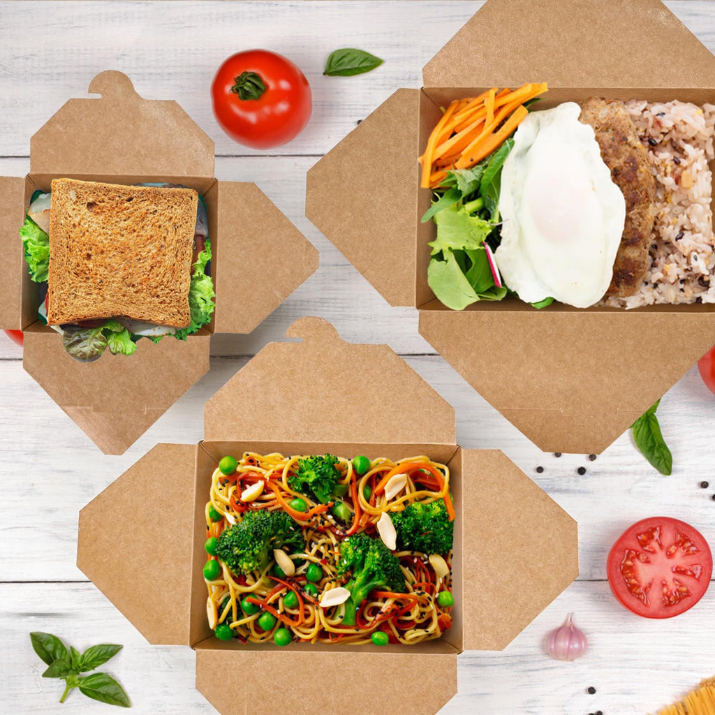 EcoDispose 45 oz Kraft Paper Pack of 80 Fold To Go Containers, Microwaveable Leak and Grease Proof Take Out Boxes for Lunch,Leftover and Restaurant
