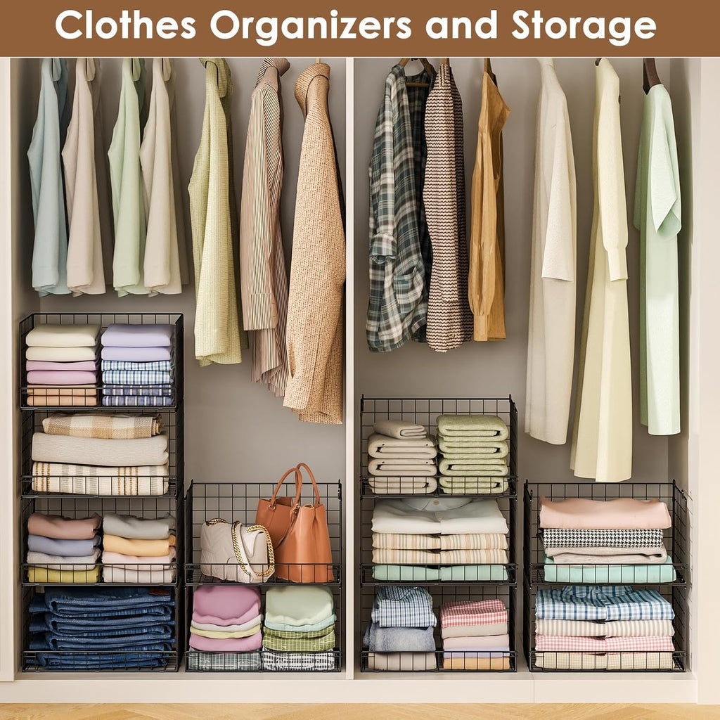 Yociyoga 4-Tier Stackable Closet Organizer - Foldable Storage Shelves & Bins in Black