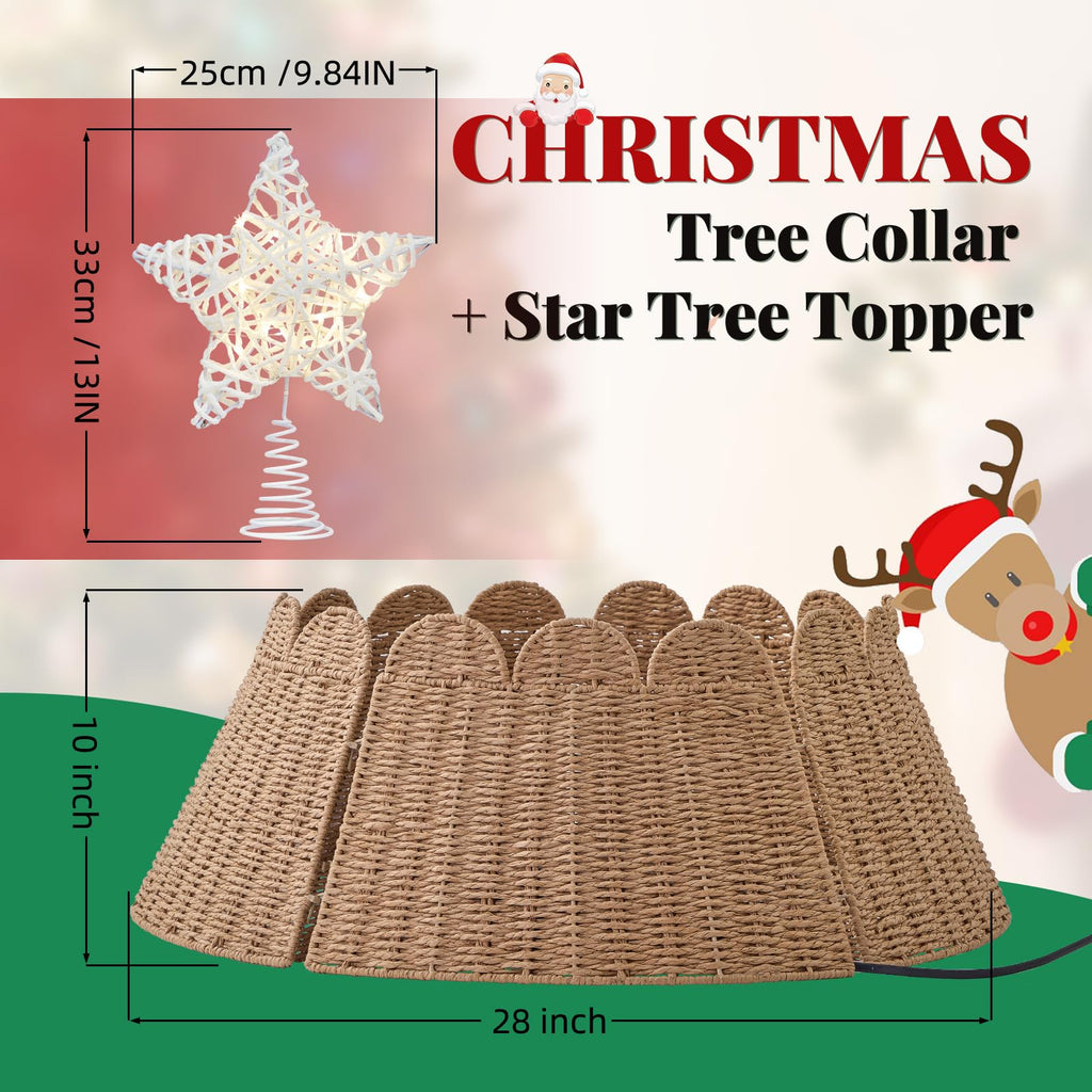 TOSTOOIRX Scalloped Rattan Christmas Tree Collar 28 Inch Hyacinth Xmas Tree Ring with Star Tree Topper, Woven Tree Base Cover for Holiday Home Decoration, Handcrafted Farmhouse Christmas Tree Decor