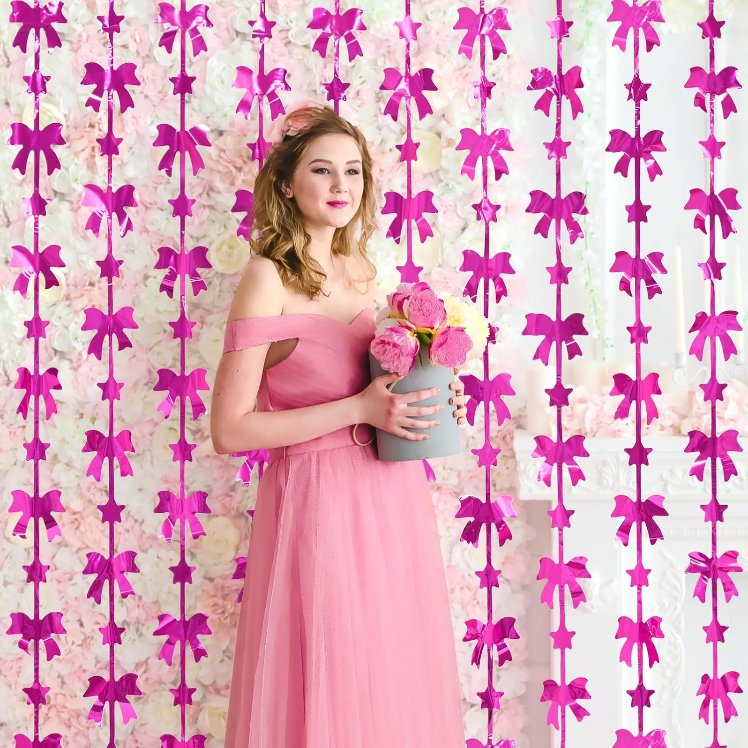 Menstarsi Bow Party Decorations - Hot Pink Foil Fringe Curtains | 2 Pack, 3.3 X 6.6 Ft Backdrop for Birthdays & Bachelorette Parties
