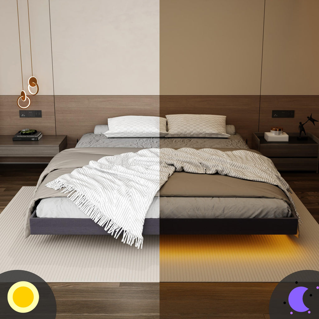 Muluflower Floating Bed Frame Full Size with LED Lights and Charging Station, Grey Linen Metal Platform Bed Frame, Easy Assembly, No Box Spring Needed (Full)
