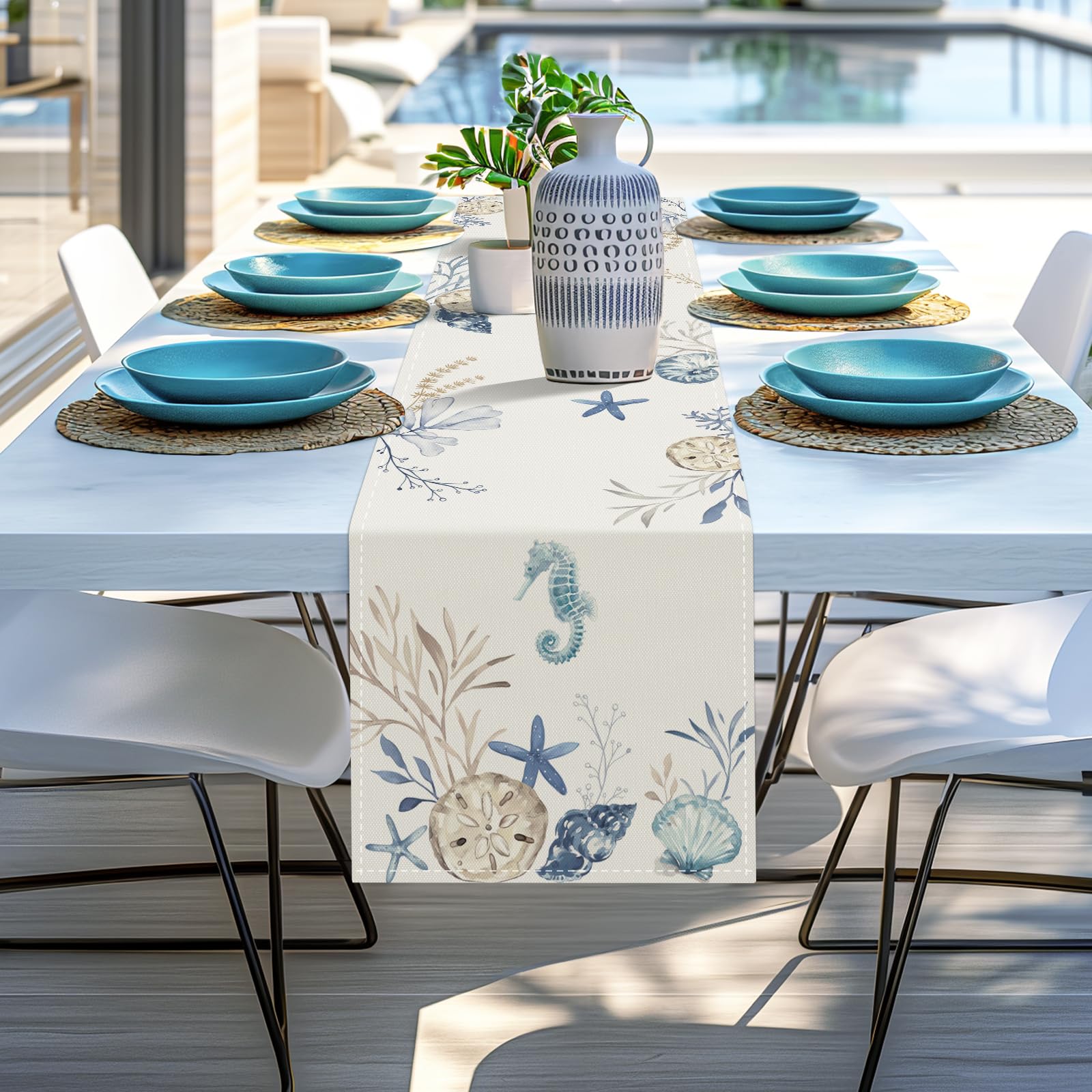 Bonhause Nautical Coastal Table Runner 13x72 Inch Ocean Beach Seahorse Starfish Seashell Summer Kitchen Dinning Table Decoration for Indoor Outdoor Home Party Decor
