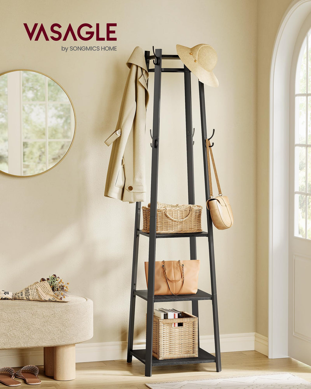 VASAGLE Coat Rack, Coat Stand with 3 Shelves, Hall Tree Free Standing with Hooks for Scarves, Bags, Umbrellas, Steel Frame, Industrial Style, for Entryway, Living Room, Charcoal Gray ULCR080B03