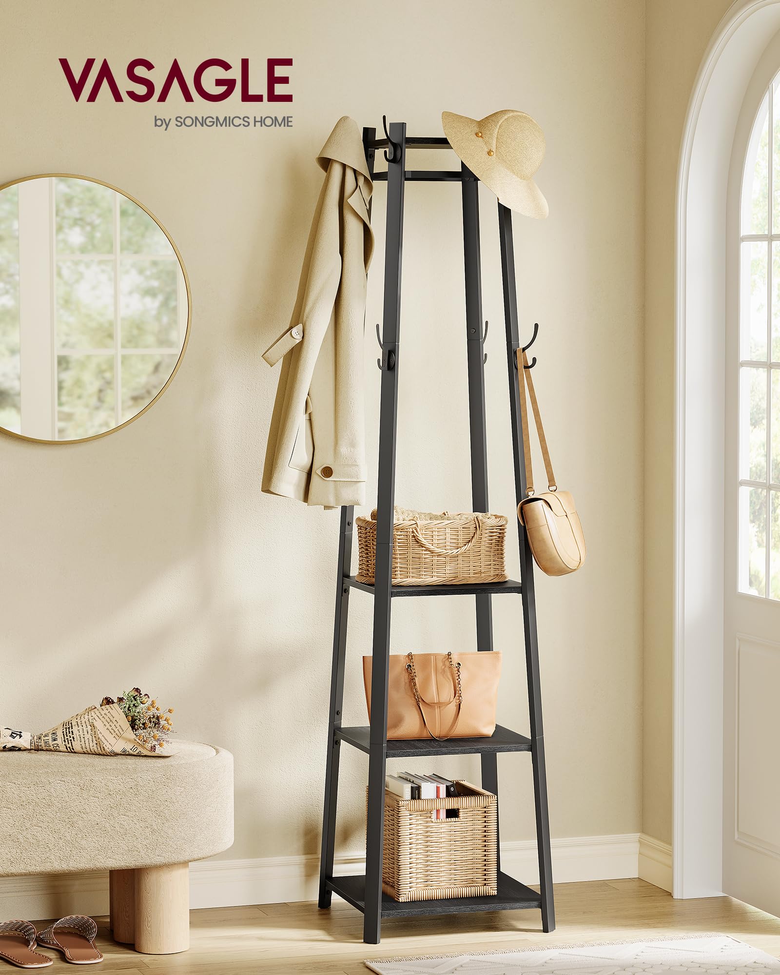 VASAGLE Coat Rack, Coat Stand with 3 Shelves, Hall Tree Free Standing with Hooks for Scarves, Bags, Umbrellas, Steel Frame, Industrial Style, for Entryway, Living Room, Charcoal Gray ULCR080B03