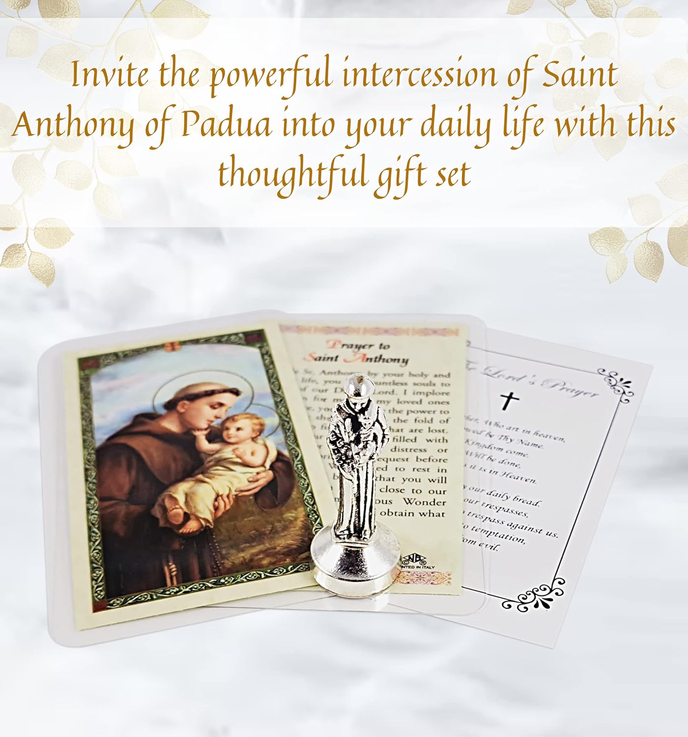 Saint Anthony Mini Statue - 2 Inch Metal Figurine with Laminated Prayer Card | Magnetic Base for Car Dash