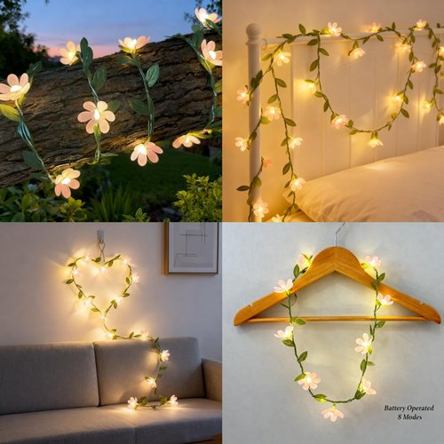 YEAMAR Pink Flower String Lights Tiny Leaf Ivy String Lights 9FT with 30 Flower Lights Battery Powered Waterproof Pink Fairy Lights for Outdoor Garden,Wedding Bedroom Party Wall Décor (8 Mode)