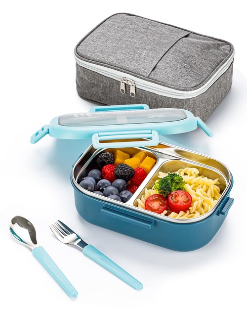 Lille Home 28oz Stainless Steel Leakproof 2-Compartment Bento Lunch Box/Portion Control Food Container with Lunch Bag and Cutlery Set, BPA Free (Light Blue)