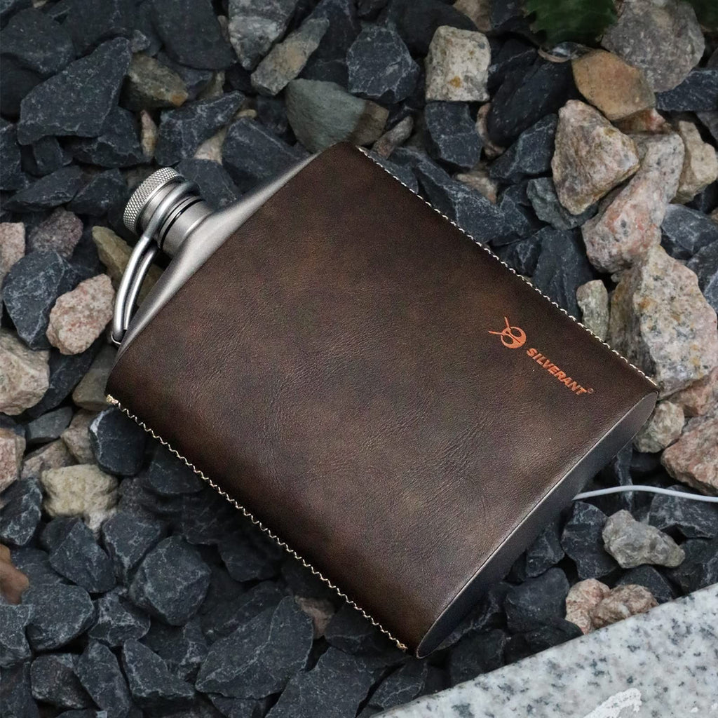 SILVERANT Titanium Ultralight 7.44oz/220ml Hip Flask Canteen, Lightweight Compact Outdoor Flask, Limited Edition With Leather Case & Funnel