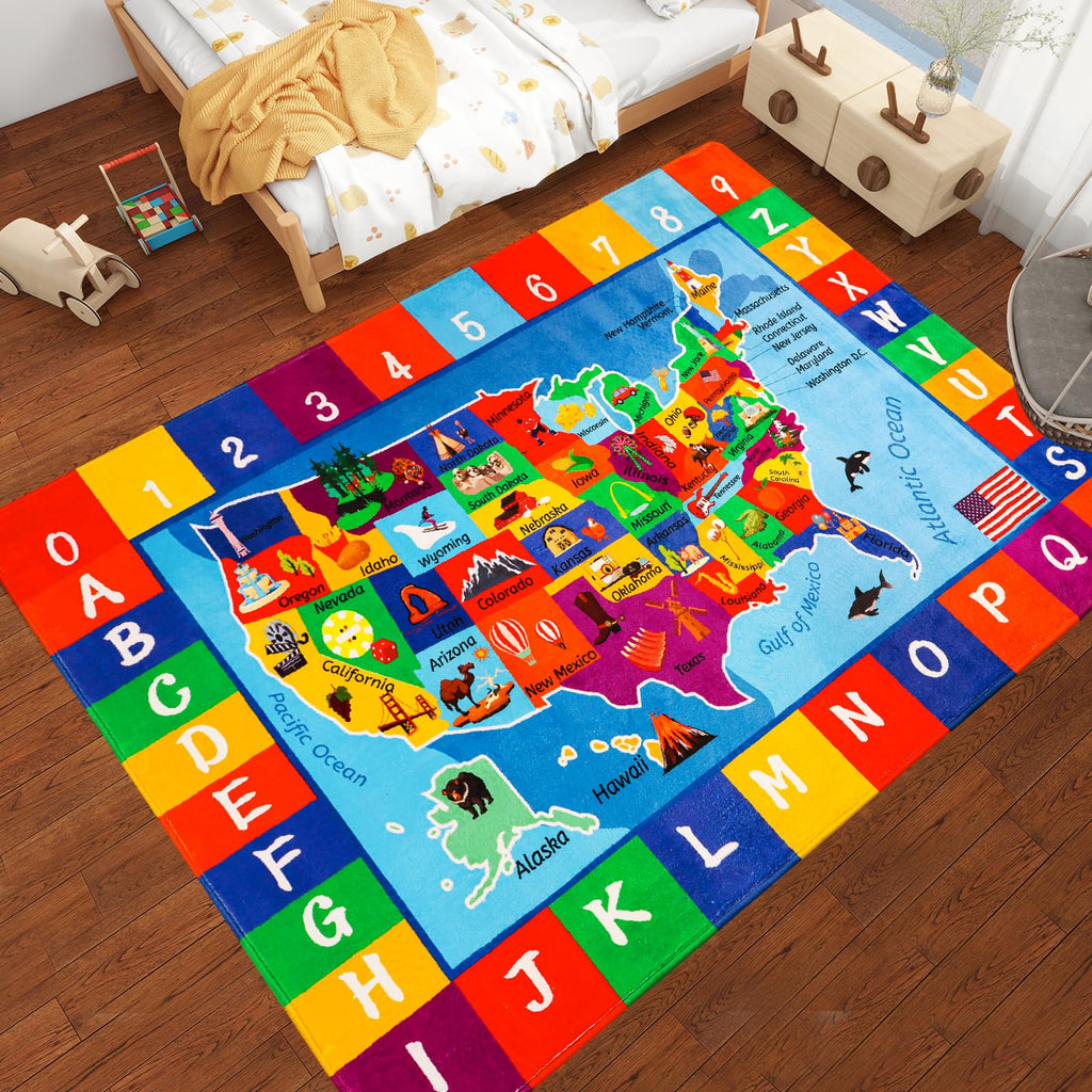 LTKOUGFAM USA Map ABC Kid Rug 39.4" × 63" for Playroom Geography Classroom Rug Educational Baby Playmat Alphabet Mat for Primary School Fluffy Ployester Non-Slip Preschool Carpet for Nursery Room