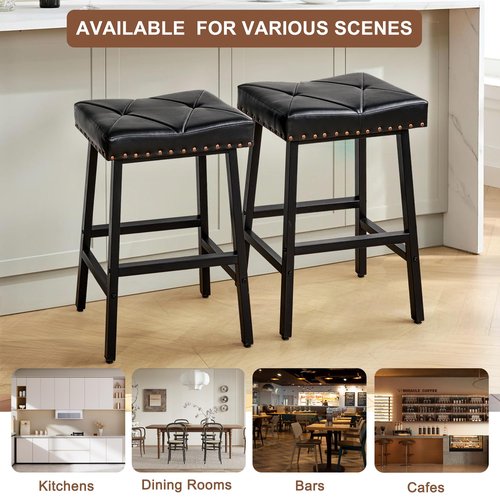 VECELO 25 inch Counter Height Stools for Kitchen Island, 3.3'' Thick PU Upholstered Saddle Seats, Backless Bar Chairs with Metal Base, Black