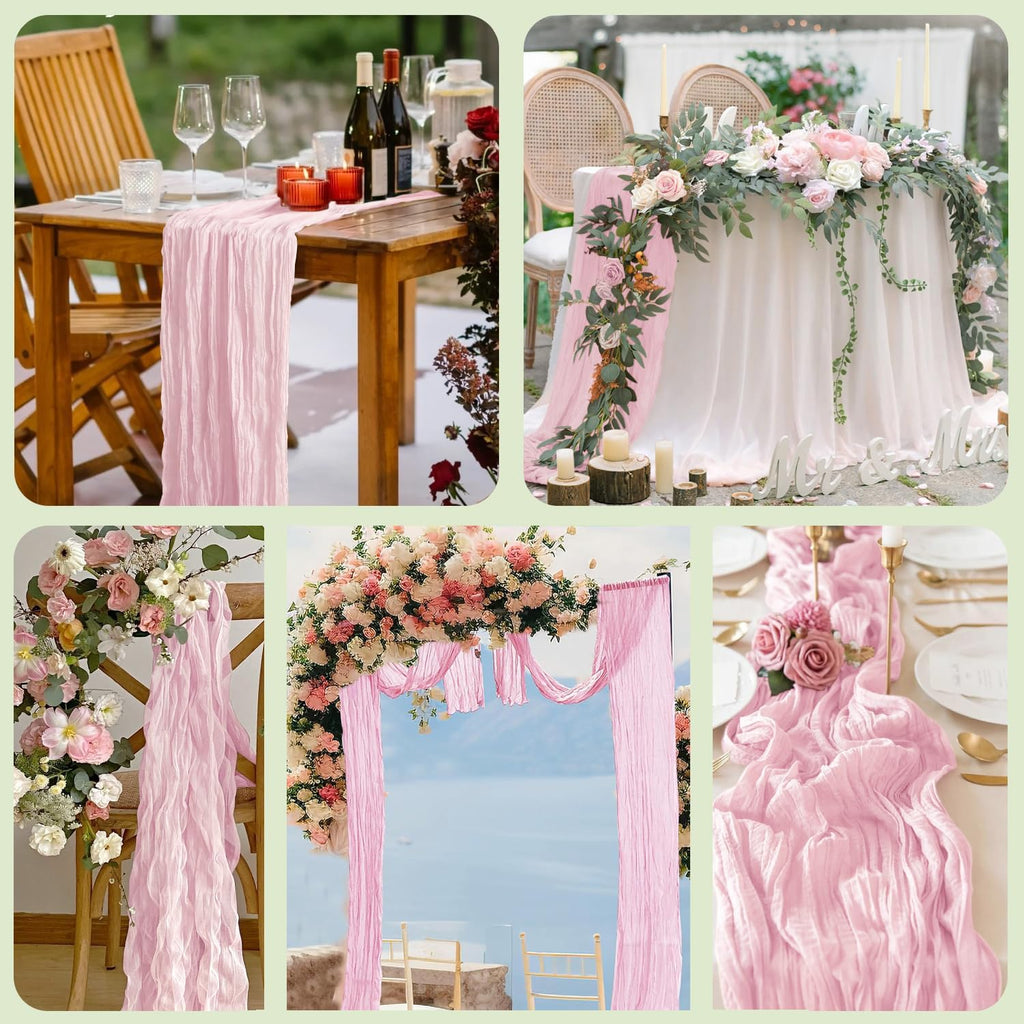 6 Pack Light Pink Cheesecloth Table Runner 10FT Boho Gauze Fabric Table Runner 35 x 120 Inch Spring Rustic Sheer Runner for Wedding Birthday Baby Shower Table Decoration