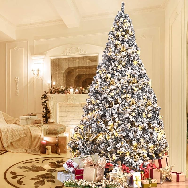 9FT Snow Christmas Tree - Artificial Flocked Hinged Pine with Metal Stand, Full Indoor/Outdoor Xmas Tree (Variation: 9ft)